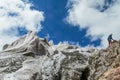 Climbers on glacier traver mountain route attached to the alpinist rope