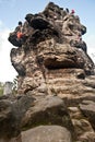 Climbers on Krkavci kameny rocks in Luzicke hory mountains