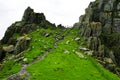 Wild Atlantic Way: Breathtaking panoramic view framed by massive rugged pinnacles above `Christ`s Valley,` on Skellig Michael.