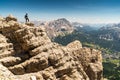 Ascent to Marmolada, Dolomites, Italy. The Marmolada Glacier. Tourist climbing on Marmolada mountain in dolomites. Ice axe in theC