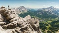 Ascent to Marmolada, Dolomites, Italy. The Marmolada Glacier. Tourist climbing on Marmolada mountain in dolomites. Ice axe in theC