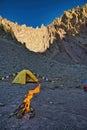 Climbers tent in the night in an intermediate base camp before heading to Stok Kangri Peak Base Camp in the morning