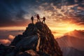 Climbers on the top of the mountain at sunset. Climbing in the mountains, A team of climbers at the top of a high mountain in the Royalty Free Stock Photo