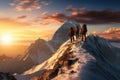 Climbers walking on top of a mountain at sunset, 3d render, A team of climbers at the top of a high mountain in the light of the Royalty Free Stock Photo