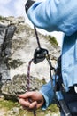 Climbing belayer holding a rope, outdoor. Jura krakowsko czestochowska. Royalty Free Stock Photo