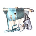 Climbing bouldering magnesium bag brushes belt bag rope with carabiner Watercolor hand draw isolated