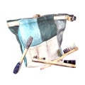 Climbing, bouldering magnesium bag with brushes. Watercolor illustration white background