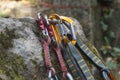 Climbing. A bunch of carabiners on the rocks