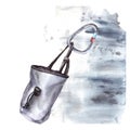 Climbing chalk bag with a carabiner Watercolor illustration isolated on grey watercolour stains