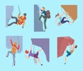 Climbing characters. Sport rocking people walking in mountain extream male and female climbers hikers vector set