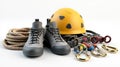 Climbing Equipment Accessory Set Displayed on White Background with Helmet and Ropes Royalty Free Stock Photo