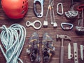 Climbing equipment  on dark wooden background, top view Royalty Free Stock Photo