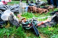 Climbing equipment lying on the grass Royalty Free Stock Photo