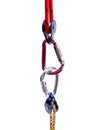 Climbing equipment - pulley, rope, carabiner. Royalty Free Stock Photo