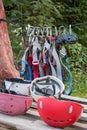 Climbing equipment, safety ropes and ropes. Climbing equipment, snap-on carabiners and helmets for the head. Recreation and entert