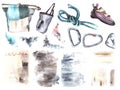 Climbing equipment set Sport shoe ,bags, bouldering walls rope, carabiners Watercolor illustration
