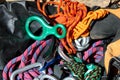 Climbing equipment shackles harnesses ropes