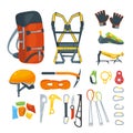 Climbing equipment, vector icons and design elements set. Mountaineering extreme sport gears and accessories