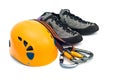 Climbing gear - carabiners, helmet, rope, shoes Royalty Free Stock Photo