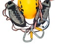 Climbing gear - carabiners, helmet, rope, shoes