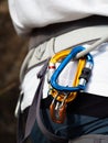 climbing gear in the climber's harness. carabiners and knife to cut the rope in a emergency Royalty Free Stock Photo