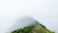 Climbing a group of tourists on mountain in fog. Mountain top,