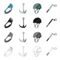 Climbing helmet, clamp, crampon, safety wedge. Climbing equipment set collection icons in cartoon black monochrome Royalty Free Stock Photo