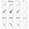 Climbing ice pick, block clamp, coil of rope, knife. Climbing equipment set collection icons in cartoon black monochrome