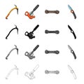 Climbing ice pick, block clamp, coil of rope, knife. Climbing equipment set collection icons in cartoon black monochrome