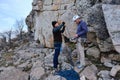 Climbing instructor explains the basic notions of climbing protection. Royalty Free Stock Photo