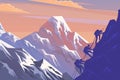 Climbing on mountain. Silhouette traveling people. Vector illustration hiking and climbing team