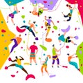 Climbing people active characters vector illustration set. Mountain extreme sport climbers on high wall. Royalty Free Stock Photo