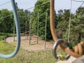 Climbing ropes and karabiner on a zip wire high ropes course Royalty Free Stock Photo