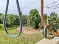 Climbing ropes and karabiner on a zip wire platform