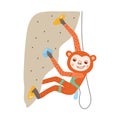 Climbing sport. Cute animal climbs in bouldering park. Vector monkey climber illustration for summer activity
