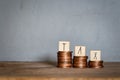 Climbing stairs with coins and wooden cubes wih the word TAX,money and Tax Concept background with Copy space. Royalty Free Stock Photo