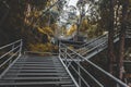 Climbing stairs during fall autumn season outdoors . Autumn in the park .  yellow leaf in Autumn season . season change . turning Royalty Free Stock Photo