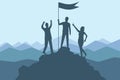 Climbing to the top of the mountain. A group of climbers climbed to the top of the mountain with a flag. Vector illustration Royalty Free Stock Photo