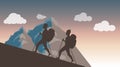 Climbing to the top. Silhouettes of two climbers climbing to the top of the mountain against the backdrop of the sunset. Vector Royalty Free Stock Photo