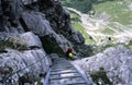 climbing the via ferrata to the peak of the 2683 meters high rotstock, in the Berner Oberland,