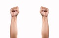 Clinched fist raised up on white background. two arm on white Royalty Free Stock Photo