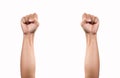 Clinched fist raised up on white background. two arm on white