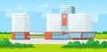 Clinic with ambulance outside city. Urban medical clinic, hospital building in nature landscape Royalty Free Stock Photo