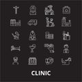 Clinic editable line icons vector set on black background. Clinic white outline illustrations, signs, symbols Royalty Free Stock Photo