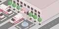 Clinic exterior isometric vector illustration. 3D ambulance cars outside medical institution, hospital building facade