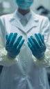 Clinical detail Close up shot capturing doctors hands in latex gloves