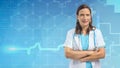 Clinical and hospital service background of brazilian female medical doctor in uniform with stethoscope