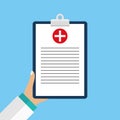 Clinical record, prescription, medical checkup report, health insurance concepts.Clipboard with checklist and medical cross.vector