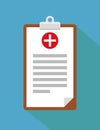 Clinical record, prescription, medical checkup report, health insurance concepts. Clipboard with checklist and medical cross in mo Royalty Free Stock Photo