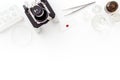 Clinical science research with microscope. Laboratory equipment on white background top view copy space
